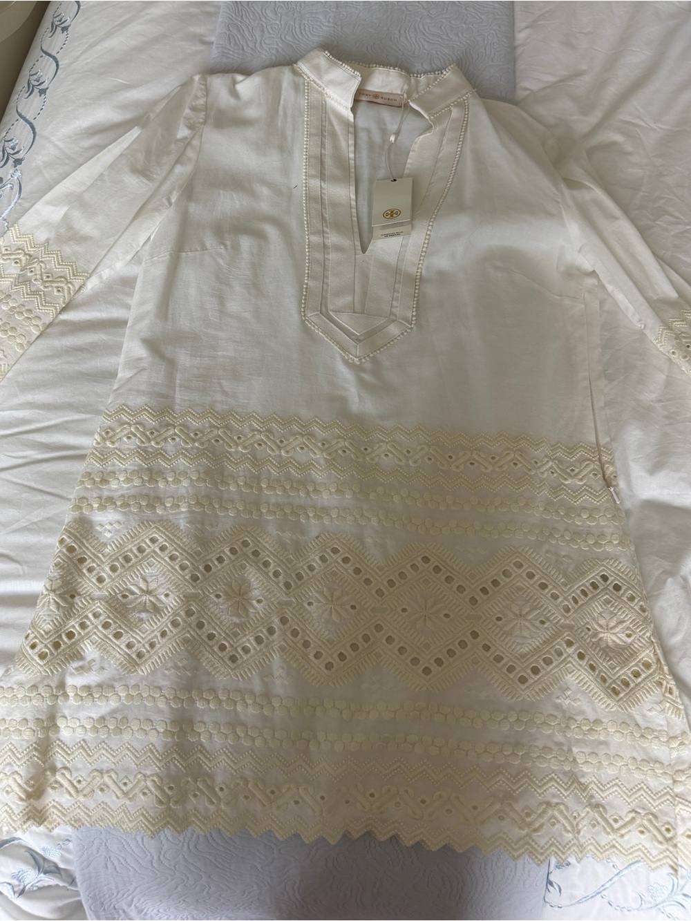 Tory Burch White Tunic Shirt with Cream Embroidery